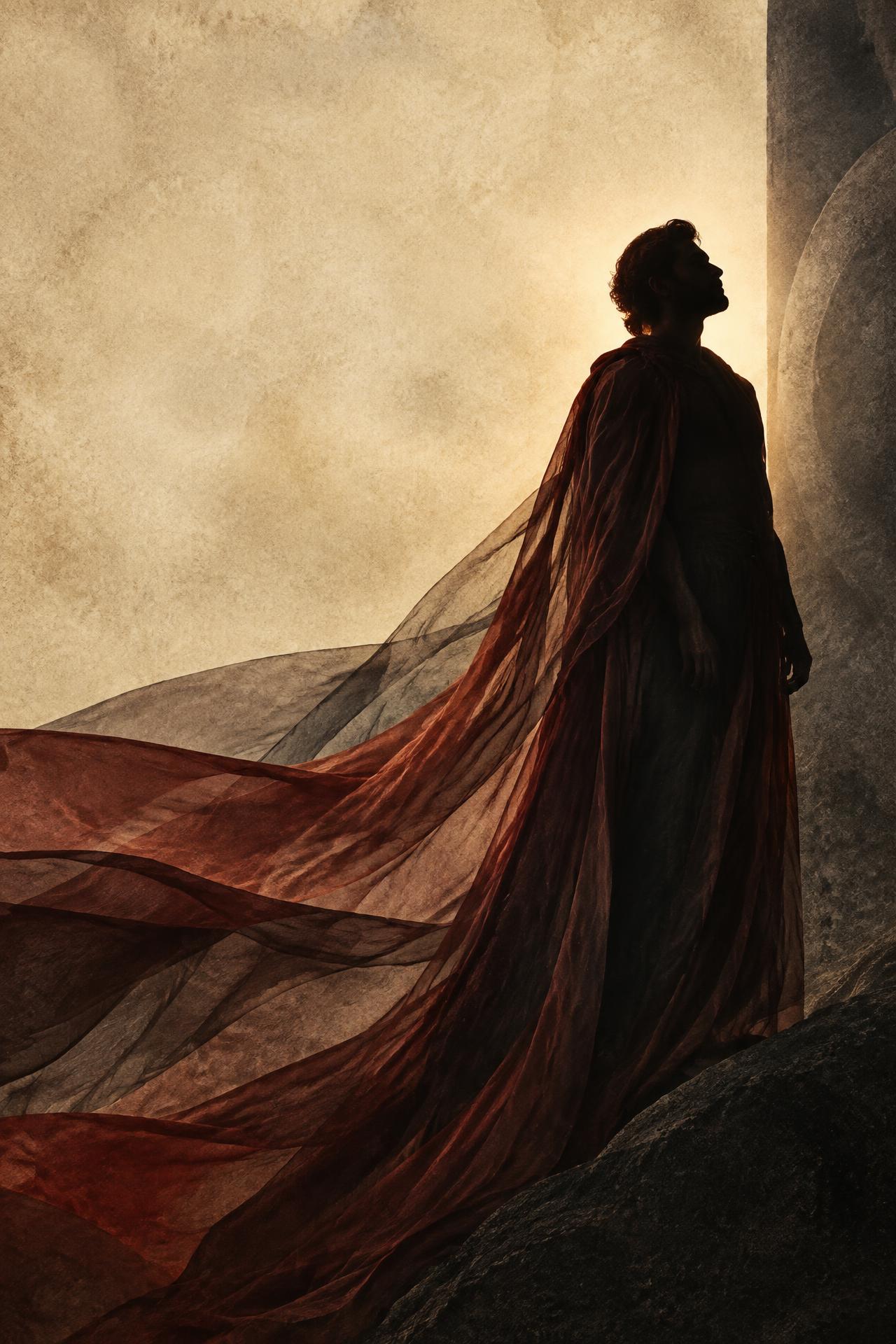A silhouetted figure standing still as dark red fabric trails behind him